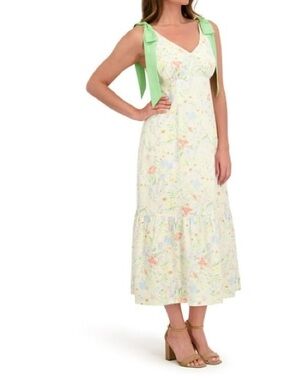 Bridgerton Bow Top Slip  Floral Midi Dress in Light Yellow SZ M
